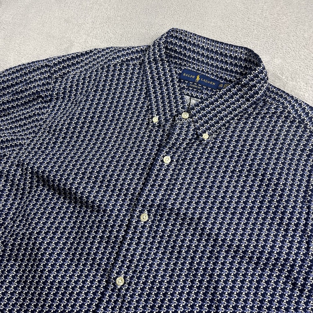 Polo Ralph Lauren Mens 2XL Blue White P Wing Unique All Over Pattern Shortsleeve